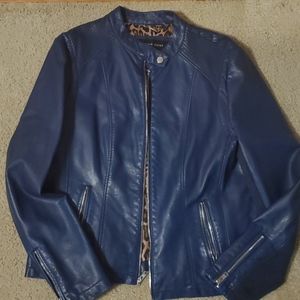 Navy blue black rivet faux leather jacket